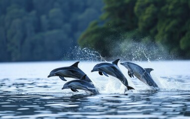 Obraz premium Pod of Dolphins Leaping Out of Water