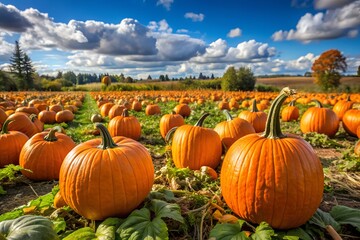 Scenic Pumpkin Patch Field Under Blue Sky with Fluffy Clouds