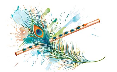 illustration of an Indian flute with peacock feather isolated on white background
