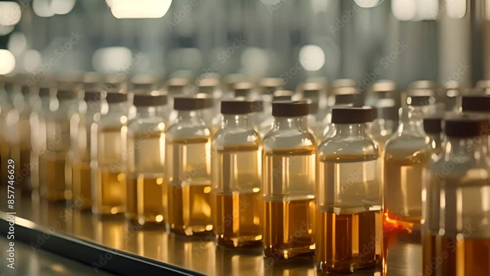 Poster bottles on a conveyor belt in a factory generative ai
