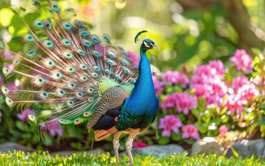 Obraz premium Vibrant Peacock Displaying Feathers in Garden