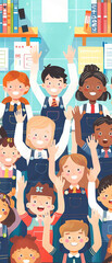 Illustration of diverse children in a classroom, smiling and raising hands, showcasing a cheerful school environment.