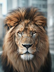 Naklejka premium A majestic lion stares intensely with a blurred city background. The powerful predator's mane is ruffled by the wind.