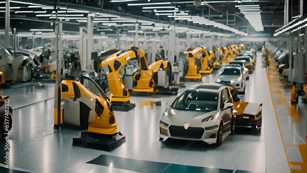 Poster automated car assembly line in a modern factory generative ai