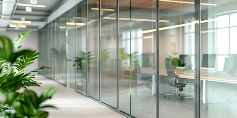 Obraz premium Modern glass partitions create privacy while maintaining an open work environment. Concept Glass Partitions, Privacy Solutions, Modern Office Design, Open Workspace Concept, Stylish Interior Layout
