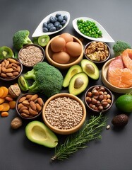 Mix of healthy food ,vegetables ,eggs,meat,grains,nuts,high protein,fiber and vitamin top view ,black background 