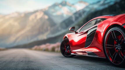 Bold red sports car on the right, blurred mountain background with left side copy space, ideal for high-end car ads.