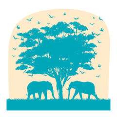 World elephant day, silhouette of elephant with trees, in the forest, wild and nature vector illustration. Monochrome color.
