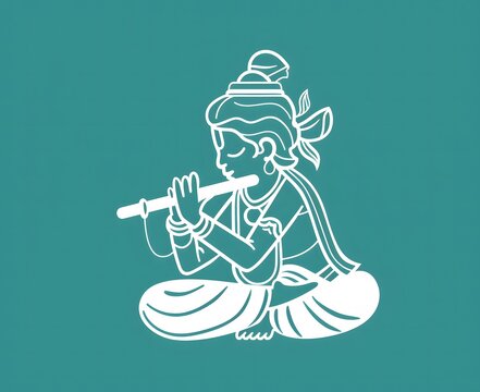 white krishna playing flute on teal background clip art preview