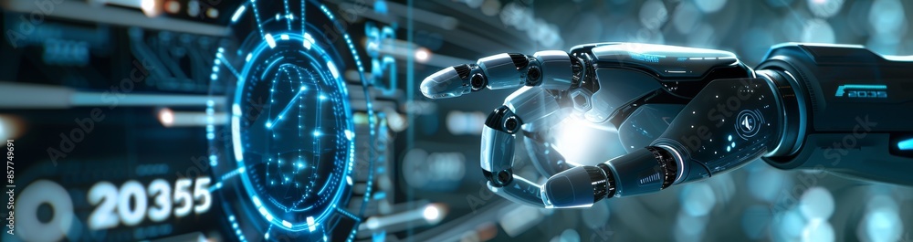 Poster futuristic robotic hand interacting with digital interface in a high-tech environment