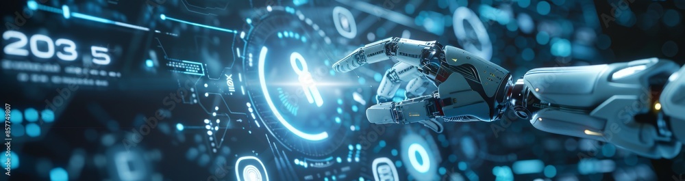 Poster futuristic robotic hand interacting with digital interface in cyberpunk setting
