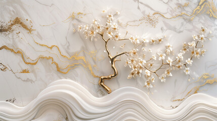 3D relief of a Chinese landscape with mountains, waterfalls and cherry blossoms