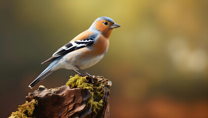 Obraz premium Male Chaffinch, Fringilla coelebs, perched on a tree stump