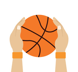 Basketball ball in the hands of the player on a white background. Vector illustration.