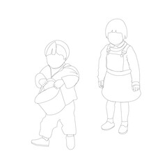 バケツを持った1歳くらいの男の子と3歳くらいの女の子(背景透過）