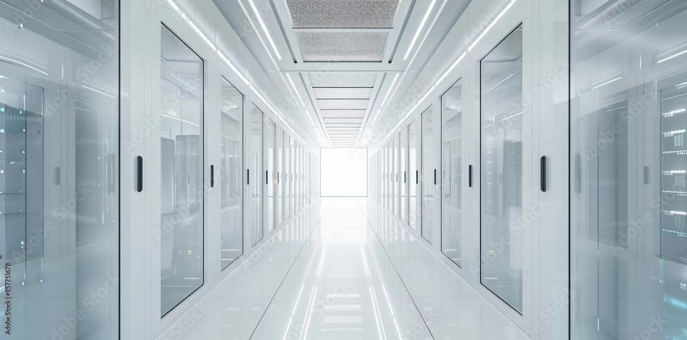 Aufkleber high-tech data center with rows of server cabinets and white walls, viewed from the front. bright li