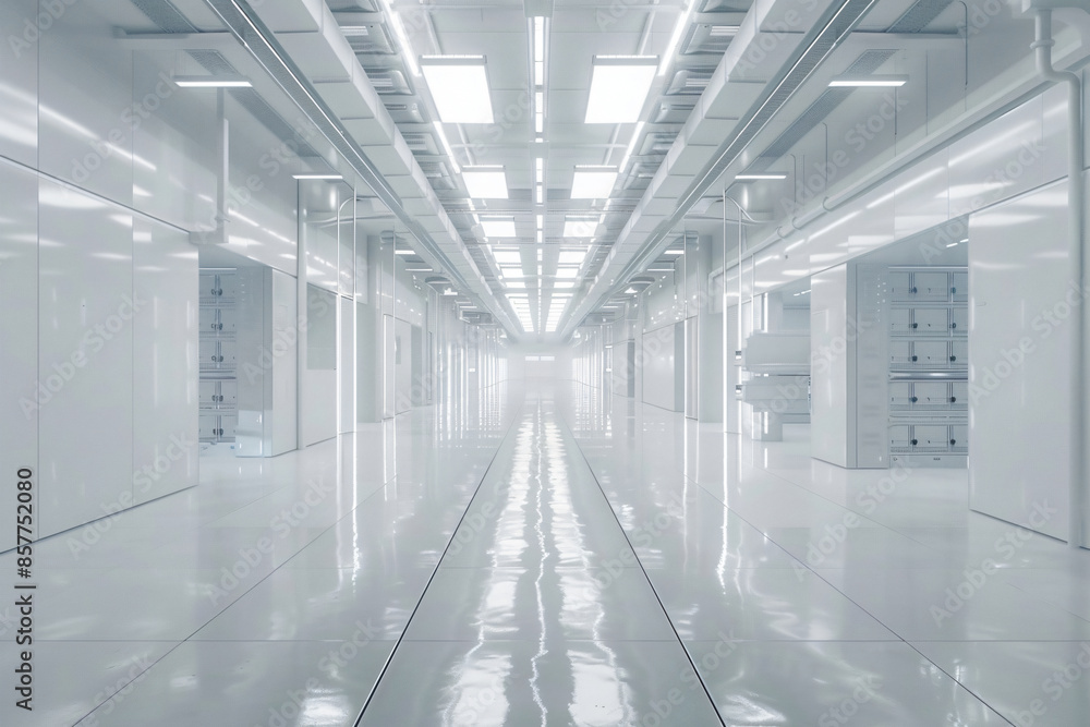 Poster high-tech data center with rows of server cabinets and white walls, viewed from the front. bright li