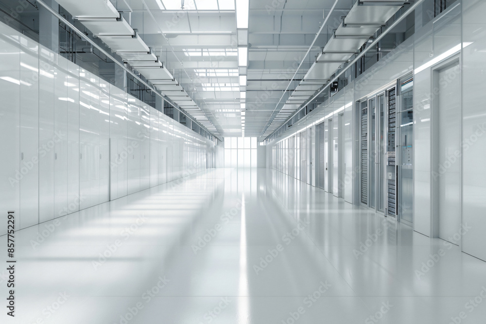 Aufkleber high-tech data center with rows of server cabinets and white walls, viewed from the front. bright li