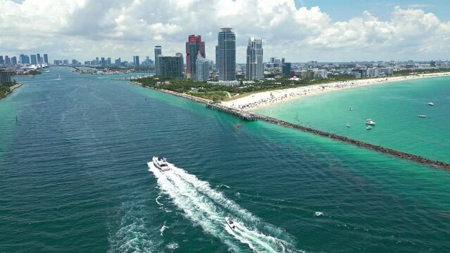 Aerial view of Miami Beach. Florida. USA. Aerial view of Miami Beach. Aerial panoramic view of the city of Miami, buildings, marina, yachts and skyscrapers.