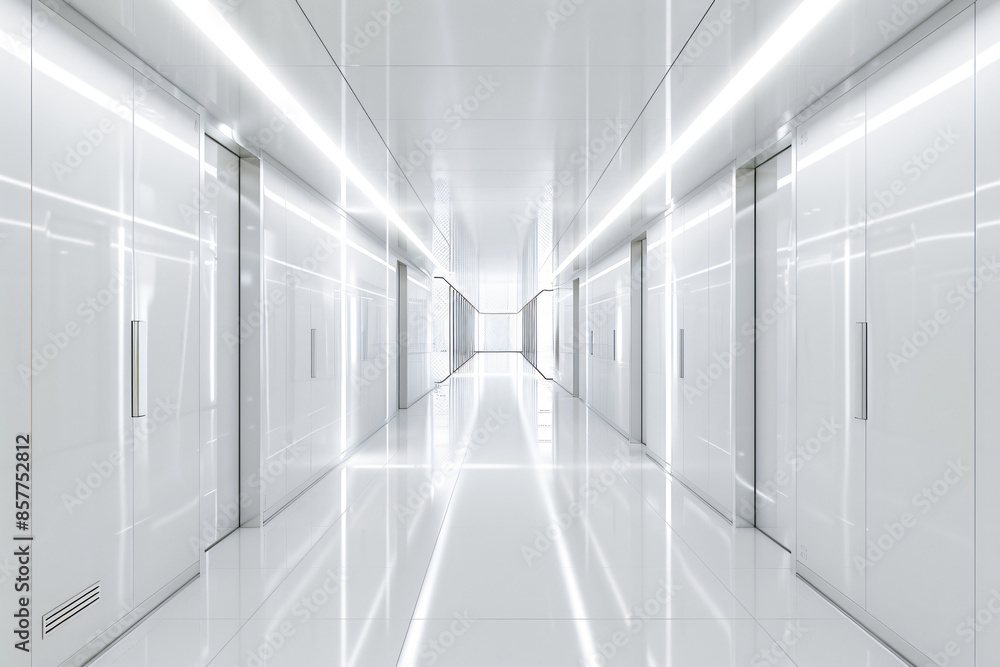 Poster high-tech data center with rows of server cabinets and white walls, viewed from the front. bright li