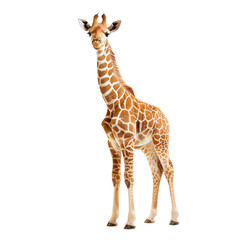 Fototapeta premium A tall giraffe stands elegantly with its long neck and distinctive patterned coat, isolated transparent background.