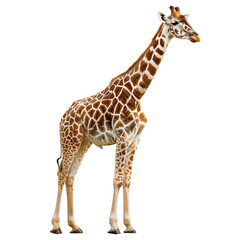 Naklejka premium Tall giraffe standing on a white background, showcasing its unique spots and long neck, perfect for wildlife-themed projects.