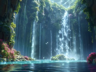 Obraz premium Ethereal Dreamscape with Cascading Waterfalls and Levitating Crystalline Structures