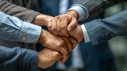 Co-workers holding hands to express commitment and collaborative spirit