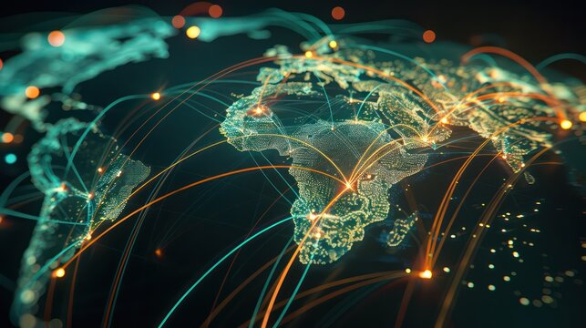 animated scene of Bitcoin transactions happening across the globe, with glowing lines connecting various countries on a digital map