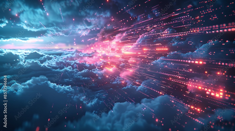Poster a dynamic holographic display of futuristic digital information technology extends from a cloud form
