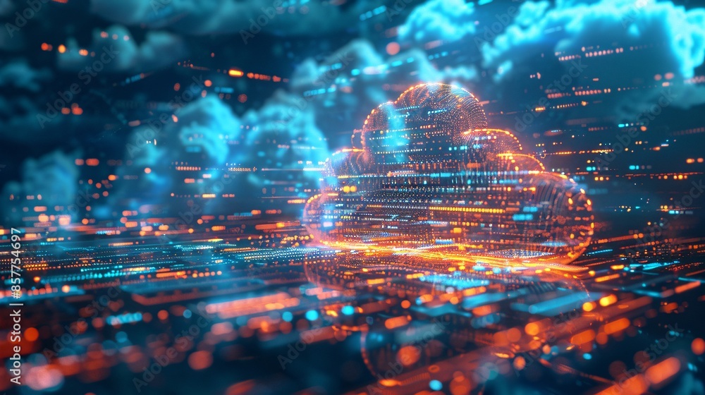 Poster a futuristic holographic display of digital information technology emerges from a cloud, creating a 