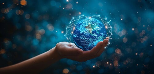 Hand holding digital globe surrounded by network connections and glowing bokeh background
