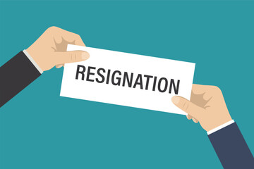 Executive hand sending a resignation letter to the boss. Change of job, career ladder. Dismissal, unemployment, resign concept.