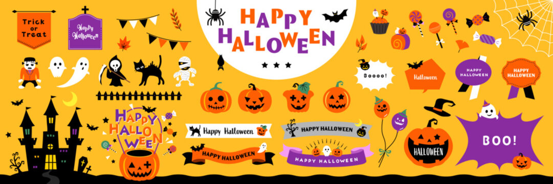 ハッピーハロウィンのイラスト・フレームセット / オープンパス有り・編集可能 / ハロウィーン、かぼちゃ、あしらい、アイコン、枠、タイトル、リボン、秋、ベクター