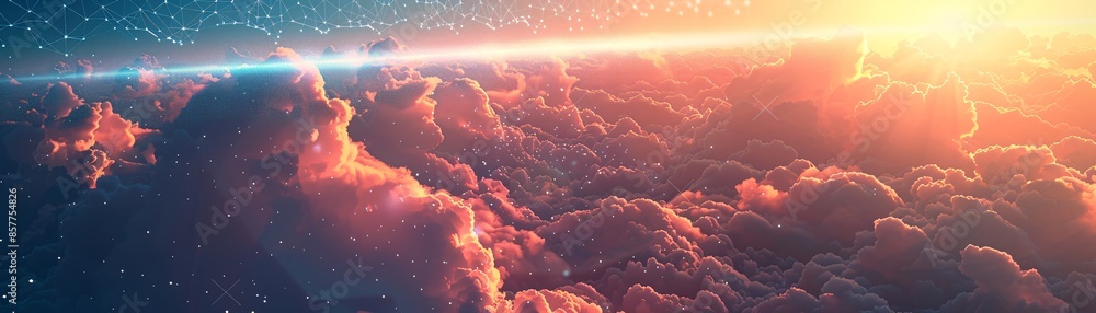 Poster against a backdrop of clouds, a futuristic hologram projects intricate web patterns symbolizing digi