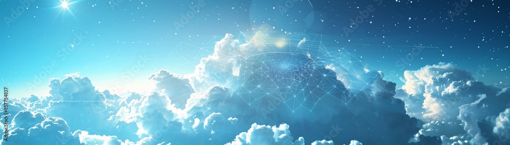 Poster against a backdrop of clouds, a futuristic hologram projects intricate web patterns symbolizing digi