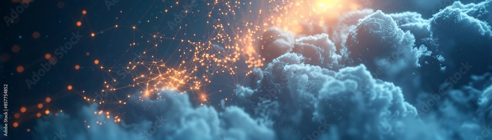 Poster against a backdrop of clouds, a futuristic hologram projects intricate web patterns symbolizing digi