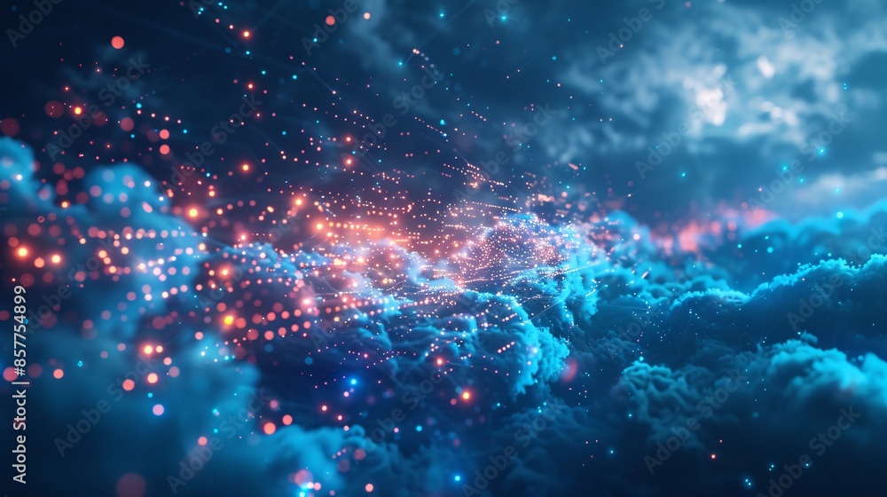 Poster a dynamic holographic display of futuristic digital information technology extends from a cloud form