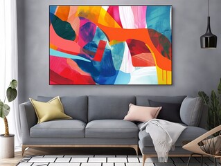 Modern grey Living Room with bright and saturated Abstract Geometric Art