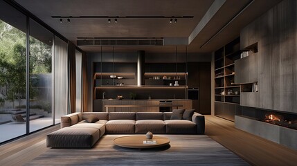 Luxurious Modern Interior Design with a Comfortable Living Area, Integrated Kitchen, and Floor-to-Ceiling Windows Overlooking a Serene Outdoor Space