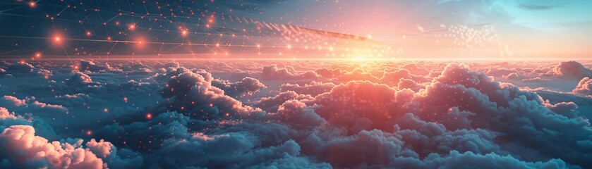 Against a backdrop of clouds, a futuristic hologram projects intricate web patterns symbolizing digital information technology. The minimalist design and generous copy space highlight the synergy