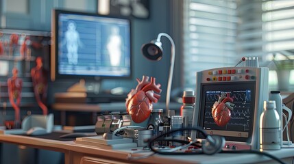 Naklejka premium A clean and professional cardiologists office with medical equipment, including an ECG machine, a stethoscope, and anatomical heart models. Generative AI