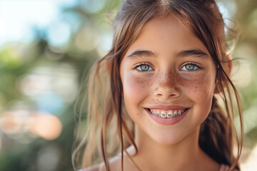 Fototapeta premium Young girl with braces smiling outdoors on sunny day