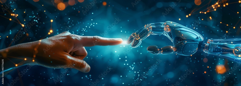 Poster human hand and a robot fingertip touching in a futuristic setting