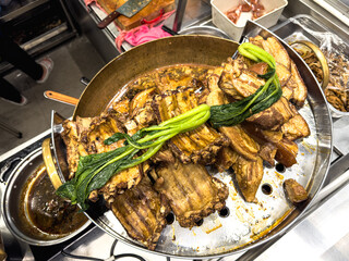 Boiled pork meat in the kitchen in the dining room