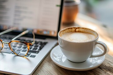 laptop coffee spectacles in the work desk in realistic by generative ai