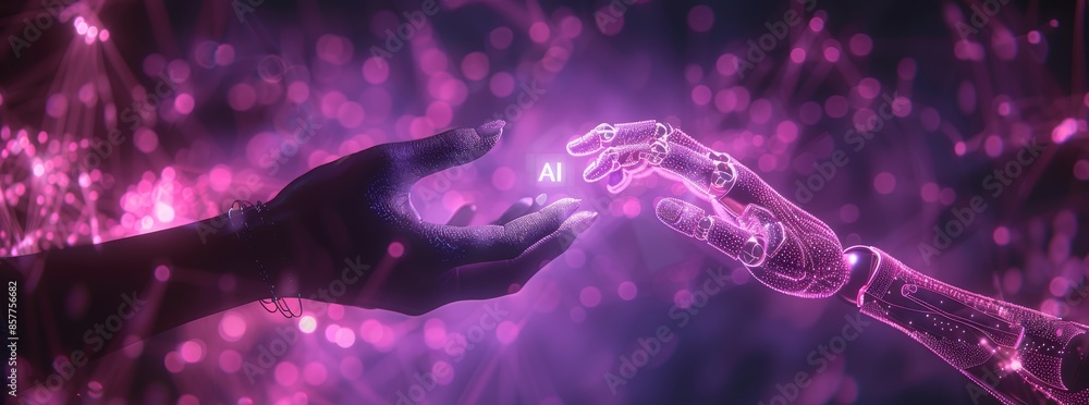 Poster human hand and robot arm reaching towards each other symbolizing ai interaction and connection