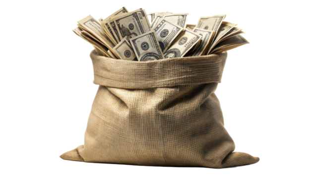 Sack filled with stacks of money , with copy space, with empty space - Powered by Adobe
