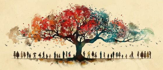 A beautifully illustrated family tree showing multiple generations and connections