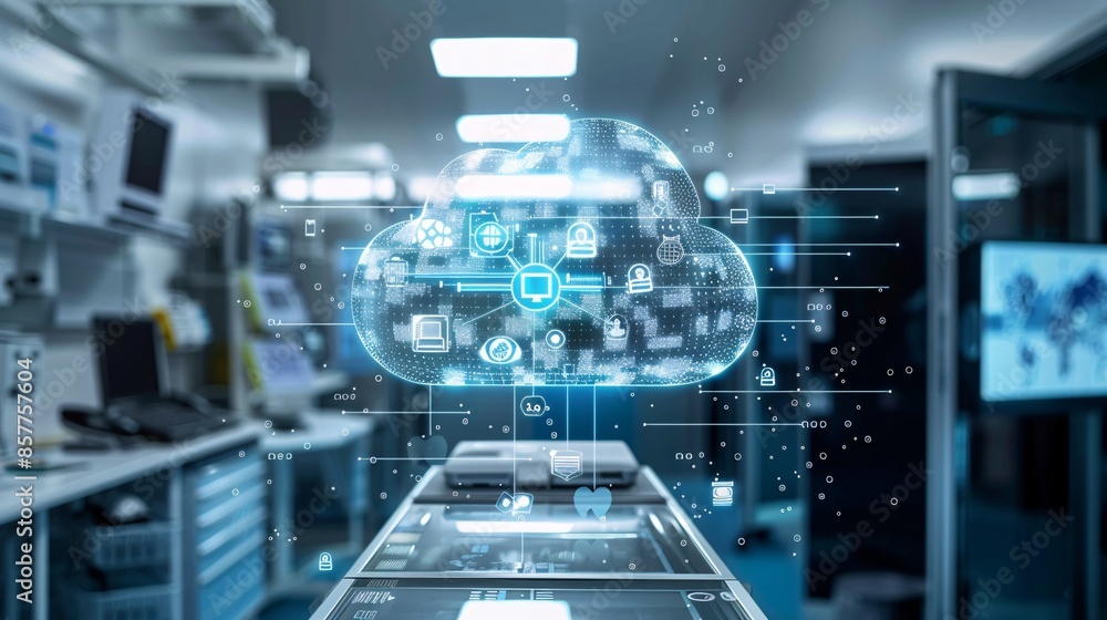 Poster a conceptual image illustrating cloud computing in healthcare, with a digital cloud symbolizing stor